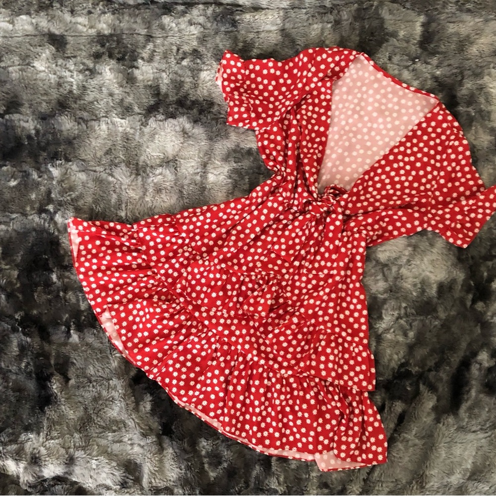 RED WHITE FLORAL FRONT BOW RUFFLES MINI SUMMER SUN DRESS
